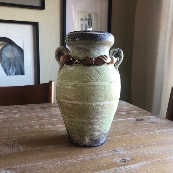 Terra Cotta HEAVY Vessel with Handles and Beads